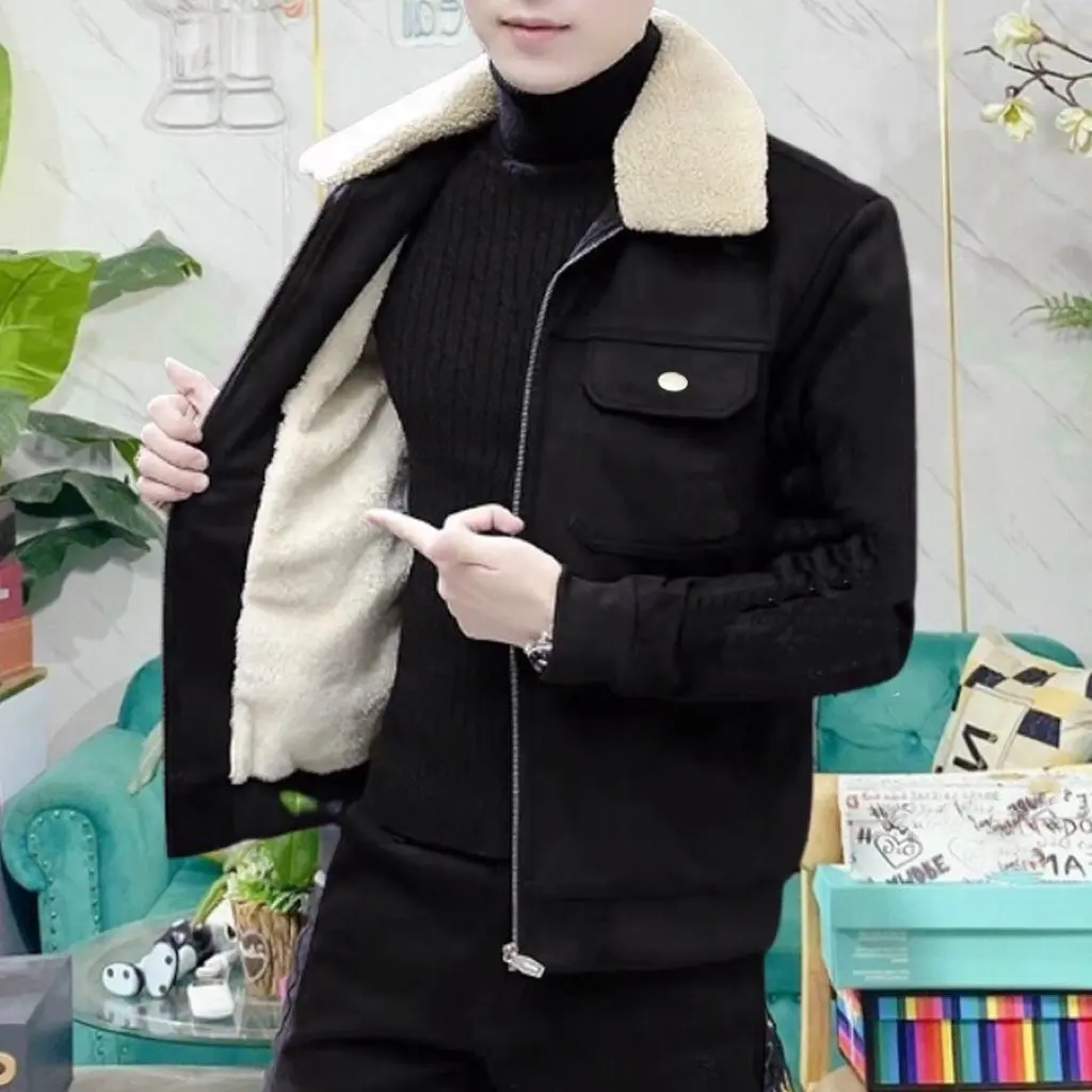 áo khoác nam cổ lông 2 lớp chất da lộn lót lông phong cách boy phố Menswear Jacket
