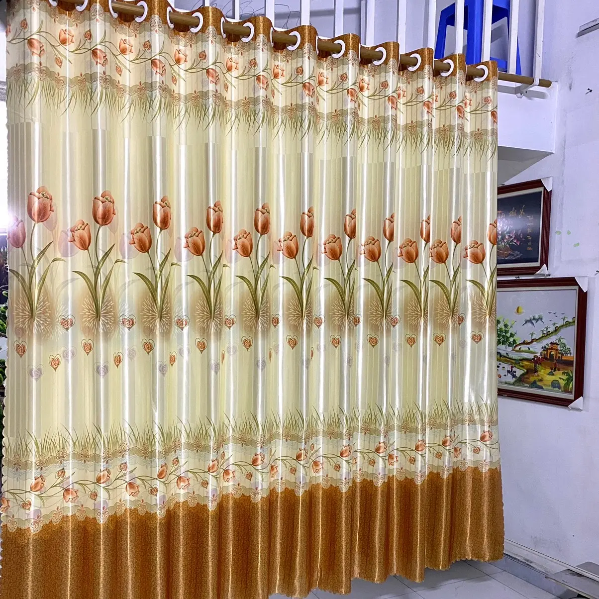 Rèm phi bóng 2 mặt giống nhau,màu cam, hoạ tiết hoa tuy lip, hợp rèm cửa chính, rèm cửa sổ, rèm ngăn phòng, cực hợp cửa kính