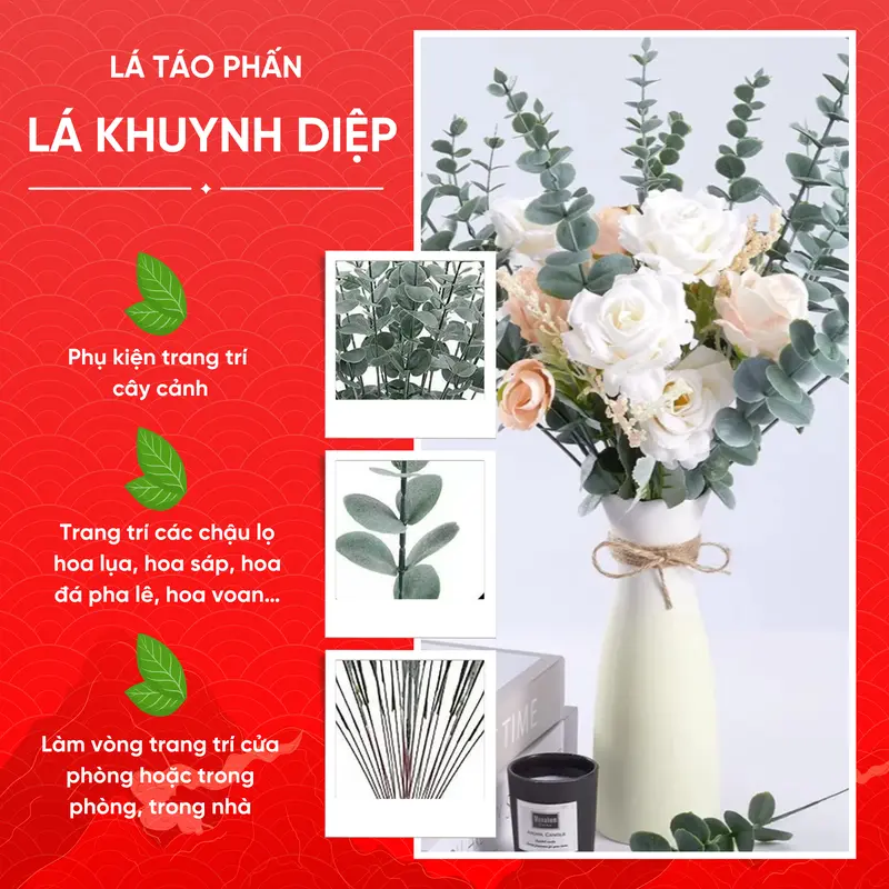5 Nhánh Lá Táo Phấn Lá Khuynh Diệp Nhựa Bó Hoa Lụa Sáp Cô Dâu Trang Trí Đám Cưới Nhà Cửa 50cm 1