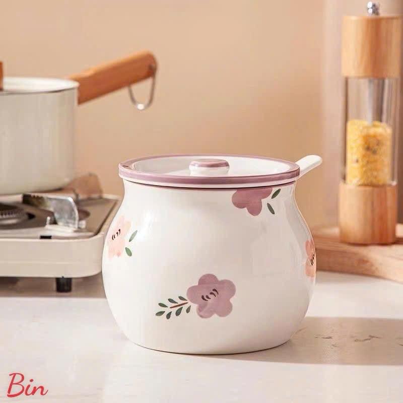 HŨ GỐM SỨ ĐỰNG MỠ HÌNH HOA, ĐỰNG GIA VỊ, CÓ NẮP + THÌA, CHỊU NHIỆT CAO, HỌA TIẾT HOA VĂN ĐẸP 700-1400ml 4