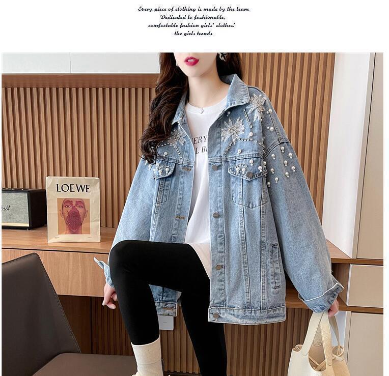 Product Introduction of 2024 Spring and Autumn New Design Heavy Rhinestone Denim Jacket for Women with Turn-down Collar Loose Korean Style Versatile Jacket Top 9