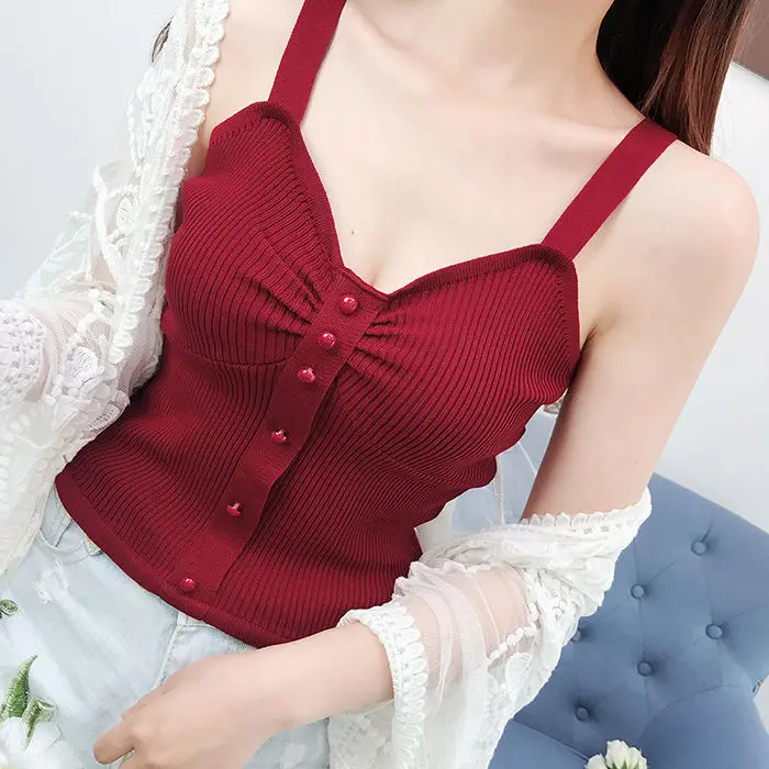 Áo Vest Dây Mảnh Cổ Điển Cho Nữ, Áo Ống Ngắn Bên Trong, Áo Dệt Kim Top Women