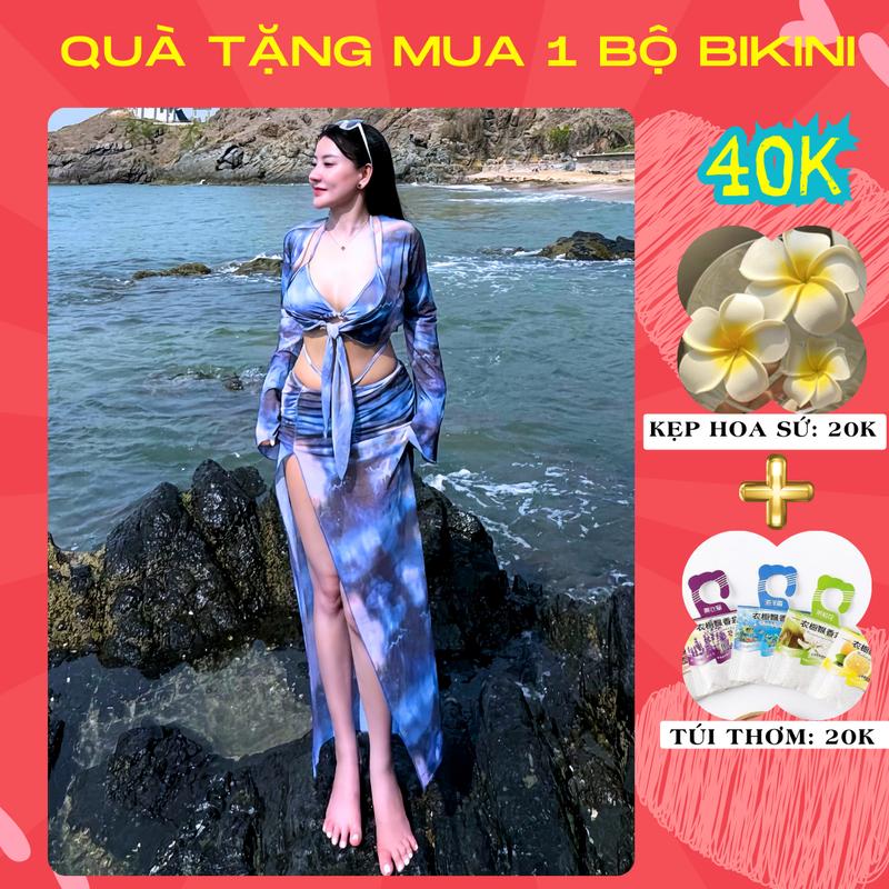 Set bikini 4 chi tiết kèm chân váy dài kèm áo dài tay màu loang cá tính  Nữ  Women Kem Thun Top   77023 bodysuit có thể giặt máy đường phố Thông thường casual A1