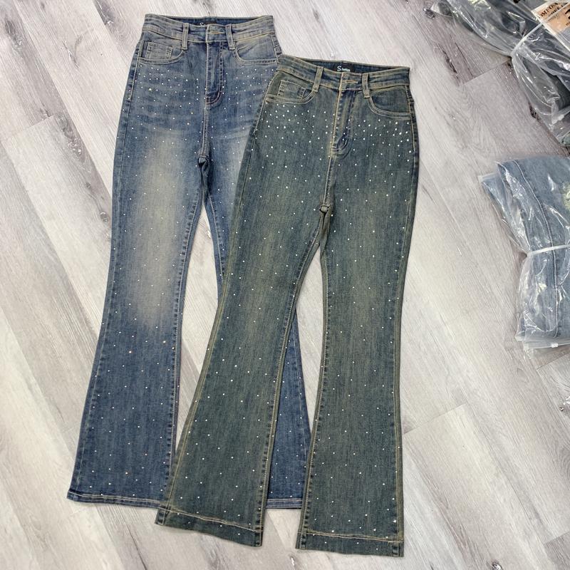 Quần jean nữ ống loe phom ôm 100cm 88cm chất denim cotton pants Women co dãn ĐÍNH ĐÁ MS0019