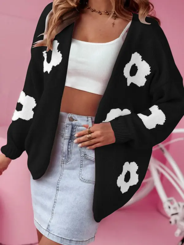 【Plus Size】 Floral Print Cardigan Sweater, Casual Longsleeves Open Front Crochet Top Knitwear for Fall & Winter, Cardigan for Women, Women's Plus Clothing for Everyday Daily Wear, Womenswear, Lady Knitting Casual Classy Top 2