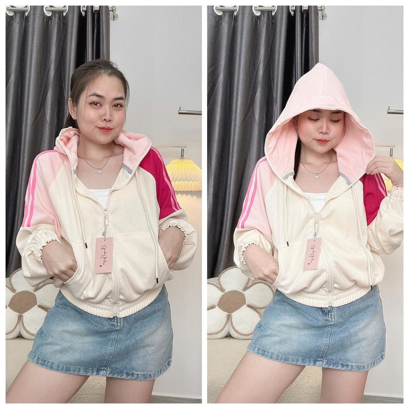 Áo khoác ngoài  Mix Màu Sọc Tay 4 túi, nón to - AK Nhung Nguyễn áo khoác thun gân đũa