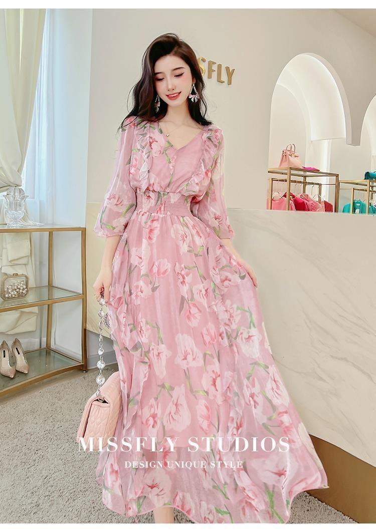 Product Introduction of Váy Voan, Shi Tong Tùy Chỉnh, Ngọt Ngào Và Thanh Lịch, Bộ Sưu Tập Mùa Xuân Và Mùa Hè 2022, Hàng Mới Về, Dành Cho Nữ, In Hình, Cổ Chữ V, Váy Dài Trung Bình Có Khóa Women Dress Màu Hồng 9
