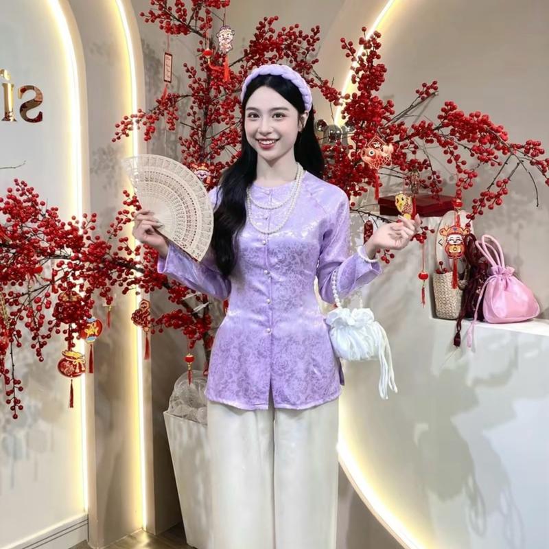 CẢ BỘ BÀ BA - ÁO VẢI GẤM VÂN HOA - TAY DÀI CỔ TRÒN - QUẦN LỤA SATIN 6