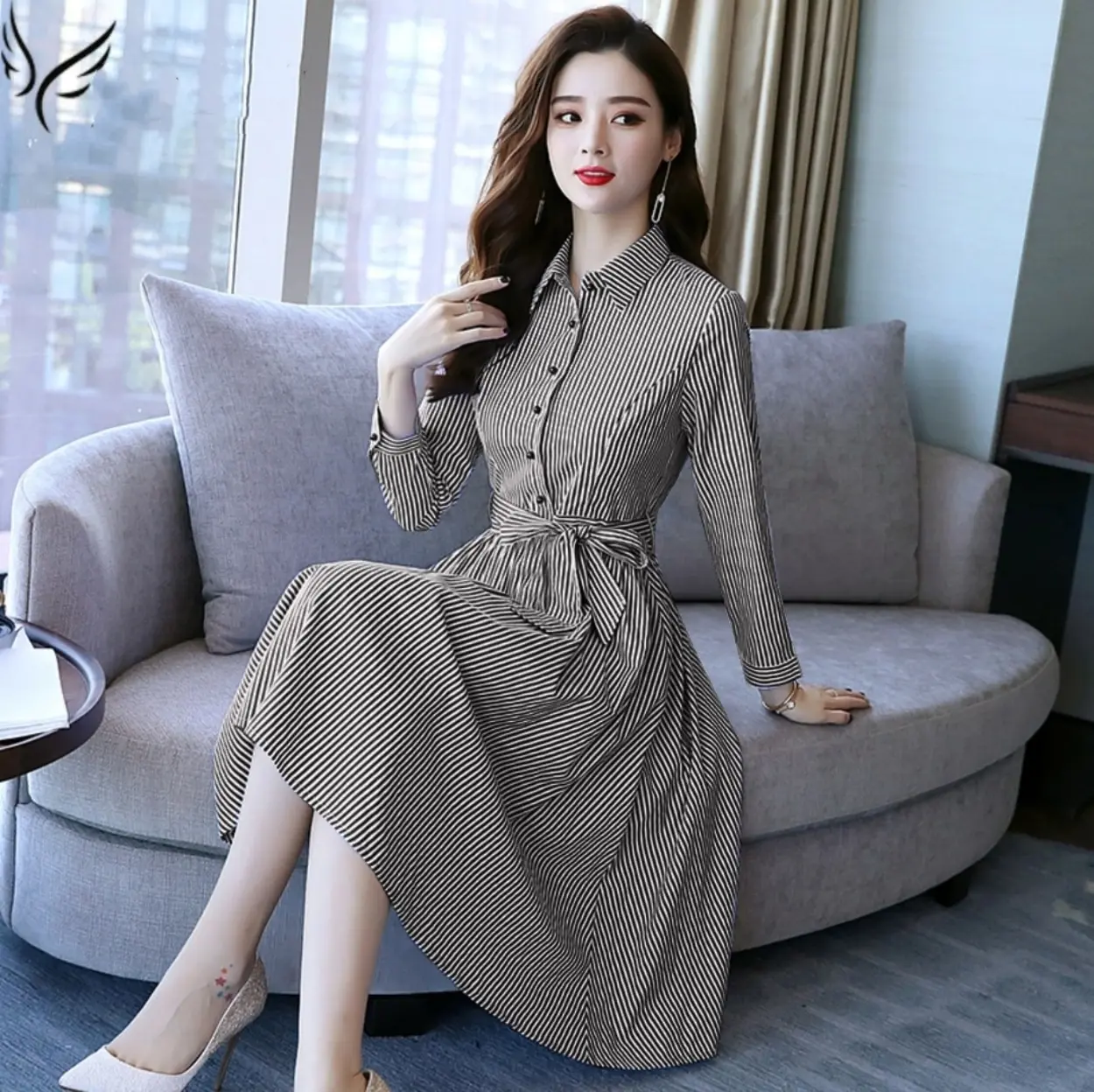 JCT-Dress Gelia Stripe / Dress Wanita Korea Terbaru / Dress Salur Kancing Kerah Terbaru