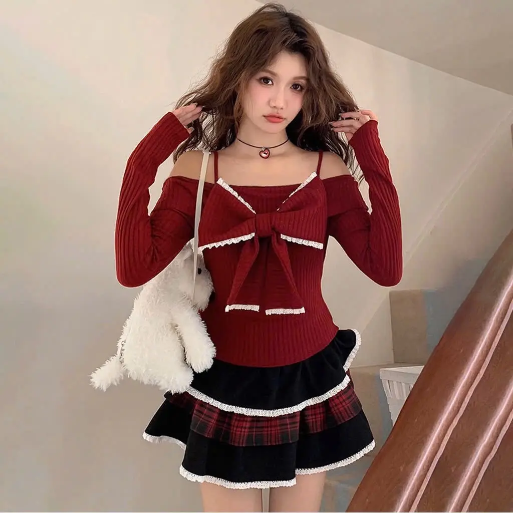 Áo Kiểu Trễ Vai Tay Dài TRANGCLOTHIMGG Phối Nơ To Dễ Thương A51242