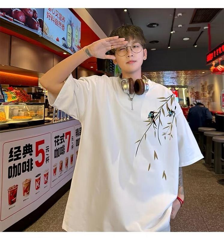 Product Introduction of Popular fashion bamboo print loose T-shirt cotton print short sleeve plus size tee for men 17