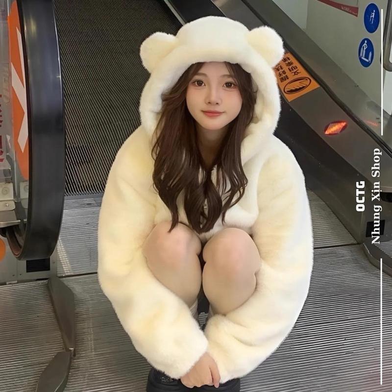 Áo khoác lông thỏ có mũ TAI GẤU dày dặn rộng thụng siêu xinh hàng QC