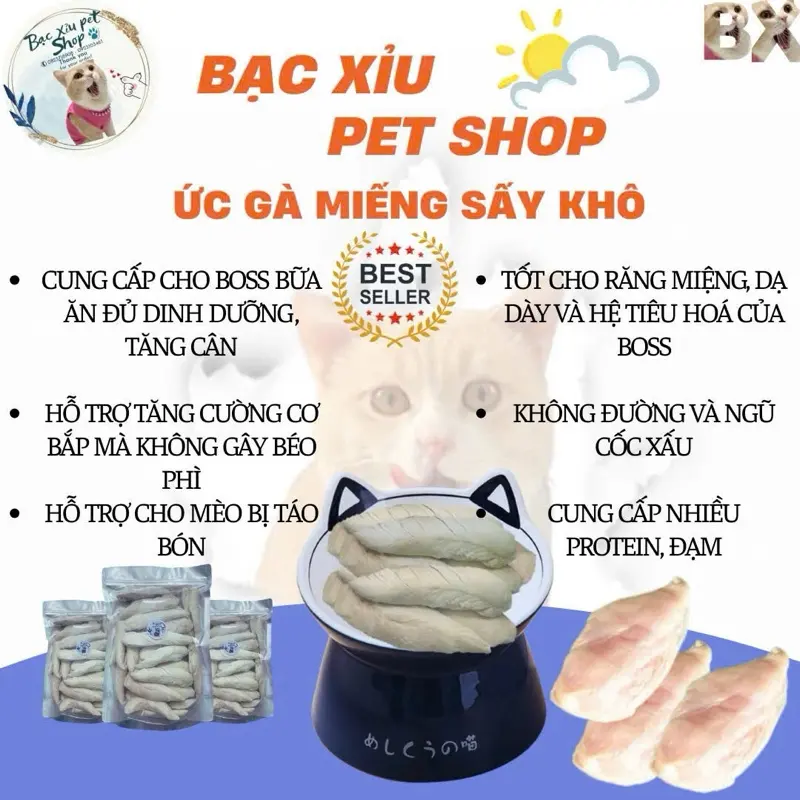 Ức gà sấy cho mèo, gà sấy khô cho mèo, thịt ức gà sấy cho mèo[HÀNG LOẠI I] 1oo% thịt gà, không vụn 1