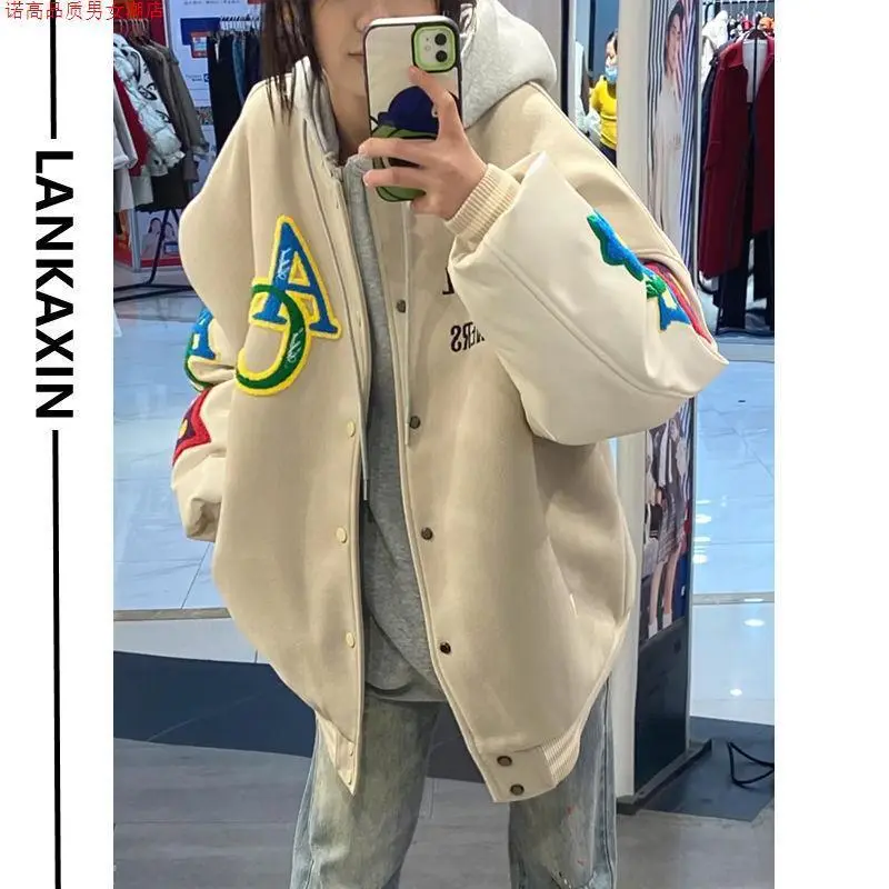 Áo Khoác Thêu Khăn Dòng Hoa Cầu Vồng Thường Ngày Phong Cách Hip Hop Mỹ Thương Hiệu Thời Trang Trung Quốc Màu Mơ, Một Hàng Cúc, Đồng Phục Bóng Chày, Dành Cho Nam Và Nữ Jacket Women Top