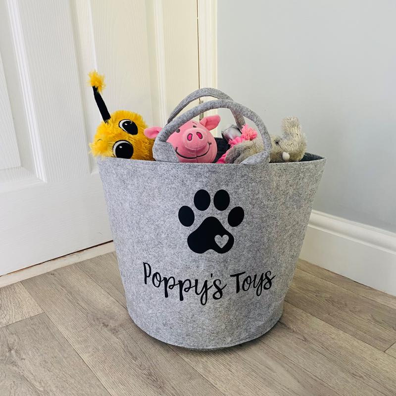 Personalised Dog Toy Basket Organiser - Felt - Grey or Beige Sand - Toy Box - Add your pet's name Gift 2