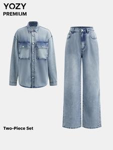 YOZY Women's Denim-Effect Print Shirt & Button Fly Pants Two-Piece Set, Casual Fashion Cozy Two Piece Outfits for Daily Outdoor Wear, Women Clothes for Spring Fall