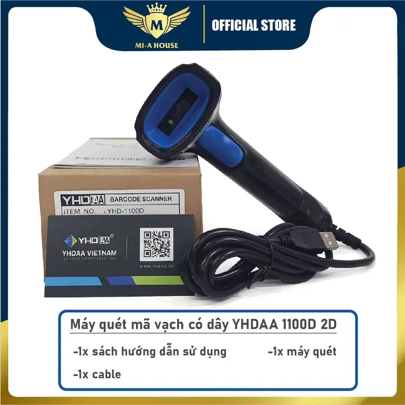 Máy quét mã vạch Qrcode YHD 1100D (2D) có dây - Máy bắn mã vạch 2D có dây cắm cổng USB kết nối Máy tính 1