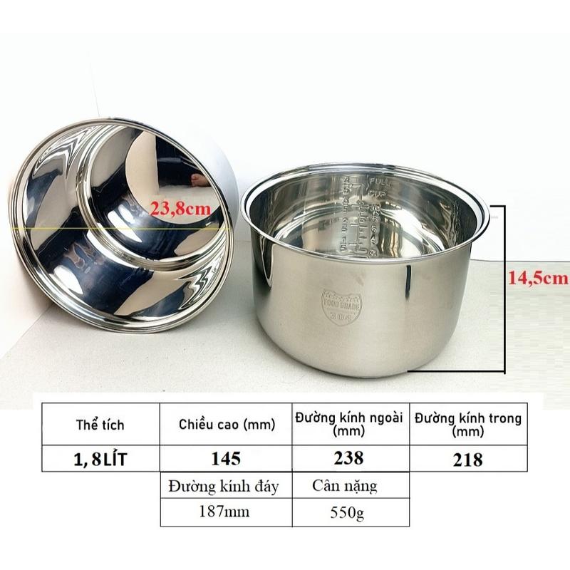 Lòng nồi cơm điện ruột nồi cơm điện chất liệu Inox lòng nồi cơm điện 1,8 lít cao 14,5cm