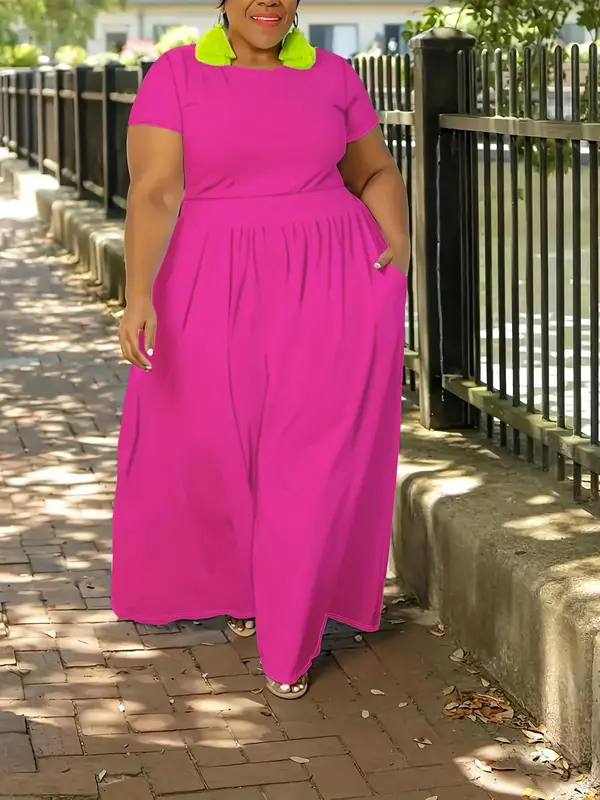 Women's Plain Pocket Zipper A Line Dress, Casual Plus Size Short Sleeve Long Dress for Summer, Women's Clothing for Daily Wear 4