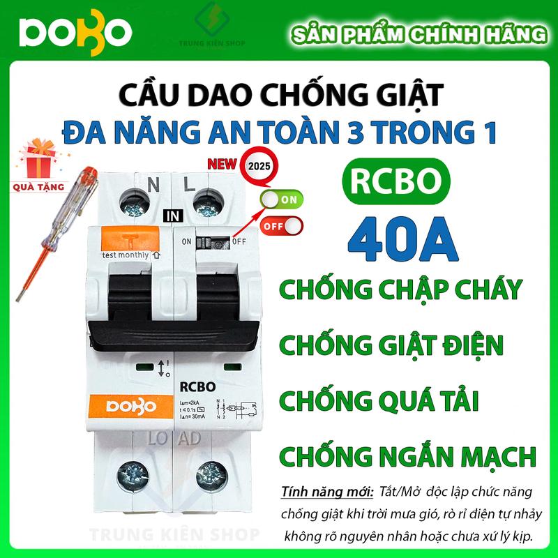   RCBO 40A  Cầu Dao Chống Giật RCBO 40A DOBO đa năng 30mA 6kA Aptomat chống giật 40A chống rò chống quá tải và bảo vệ ngắn mạch chống chập điện 