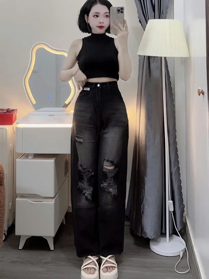 Quần jeans nữ dáng xuông 0664 màu đen rách trẻ trung phong cách hàn quốc - Sen - Women Kem Voi