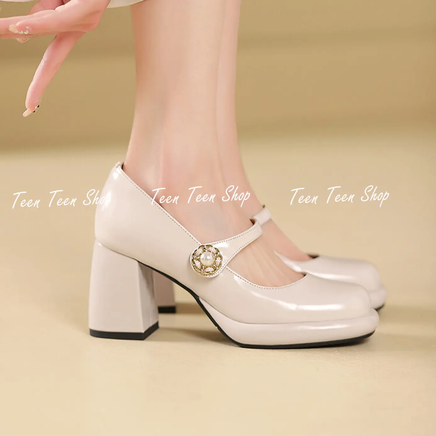 Giày Sandal Mery Jane Nữ Cao Gót Mũi Vuông Thời Trang Độn Đế 7 Phân Tôn Dáng Da Êm Mềm Dễ Đi - Shoes