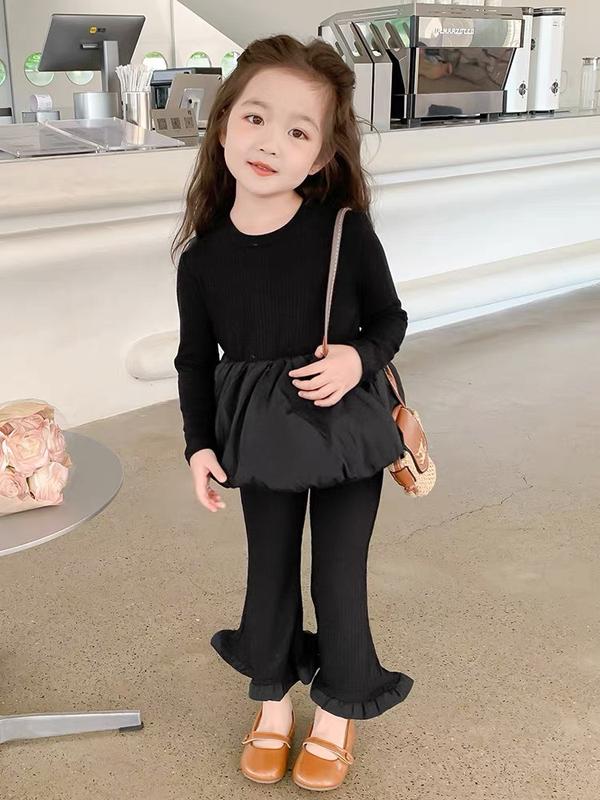 Bộ quần áo bé gái dài tay áo cổ tròn dáng bánh bèo kết hợp quần ống loe cho bé từ 8-20kg