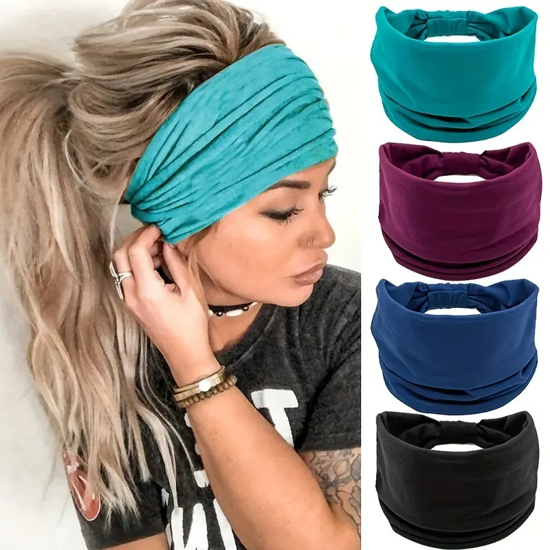 Boho Women Fashion Solid Outdoor Headband Sports Elastic Wide Running Adjustable Headbands Yoga Sweat Absorption Head Band Bandeau Sport Hair Band Hair Accessories