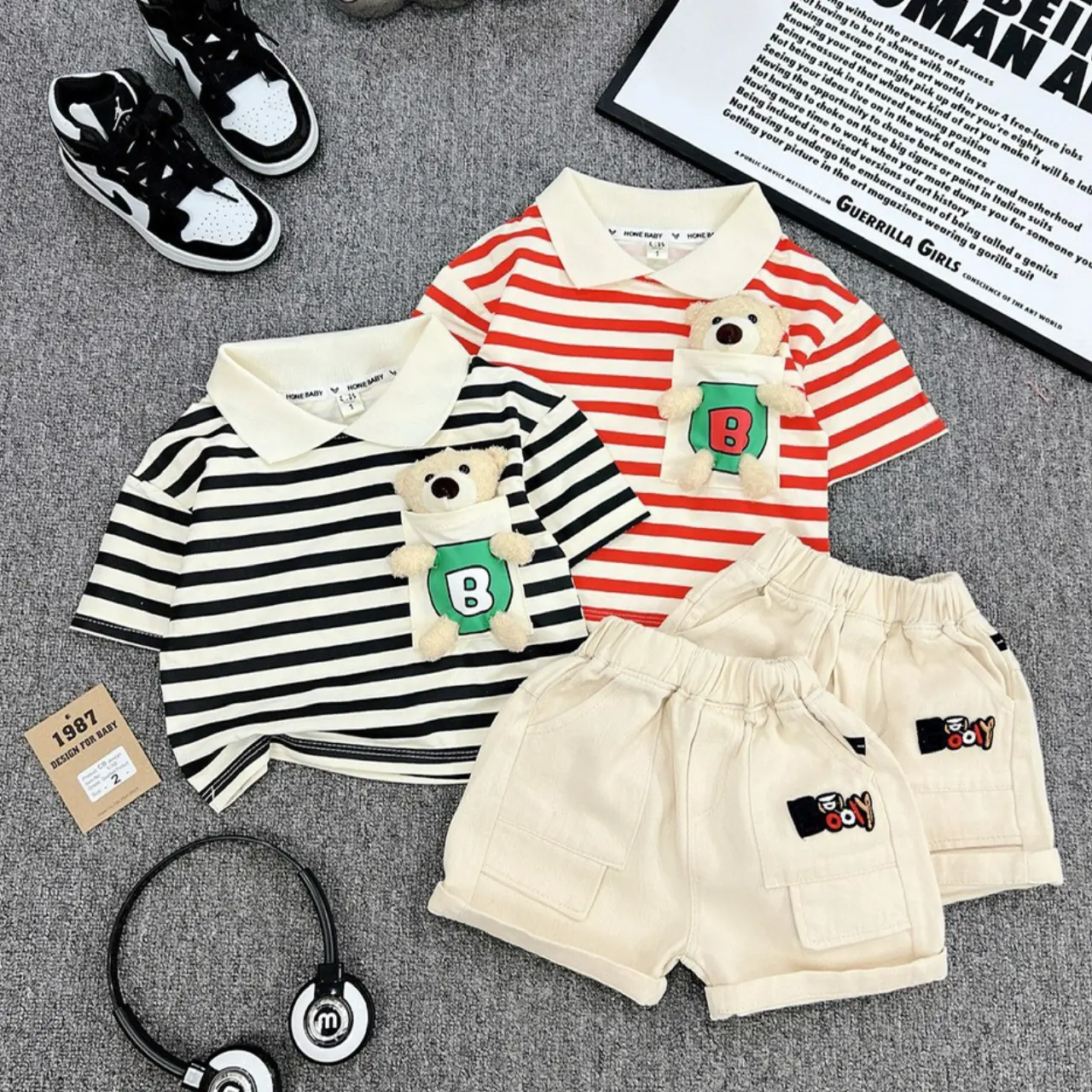 (9-28kg) [TẶNG KÈM NÓN]  Sét bộ kẻ gấu cho bé áo cotton quần kaki mềm