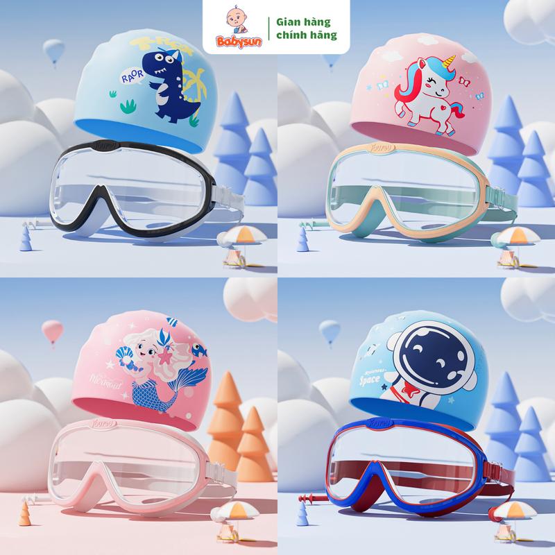 Kính bơi trẻ em, Combo kèm mũ bơi trẻ em, nút bịt tai, chống sương mù, góc nhìn rộng