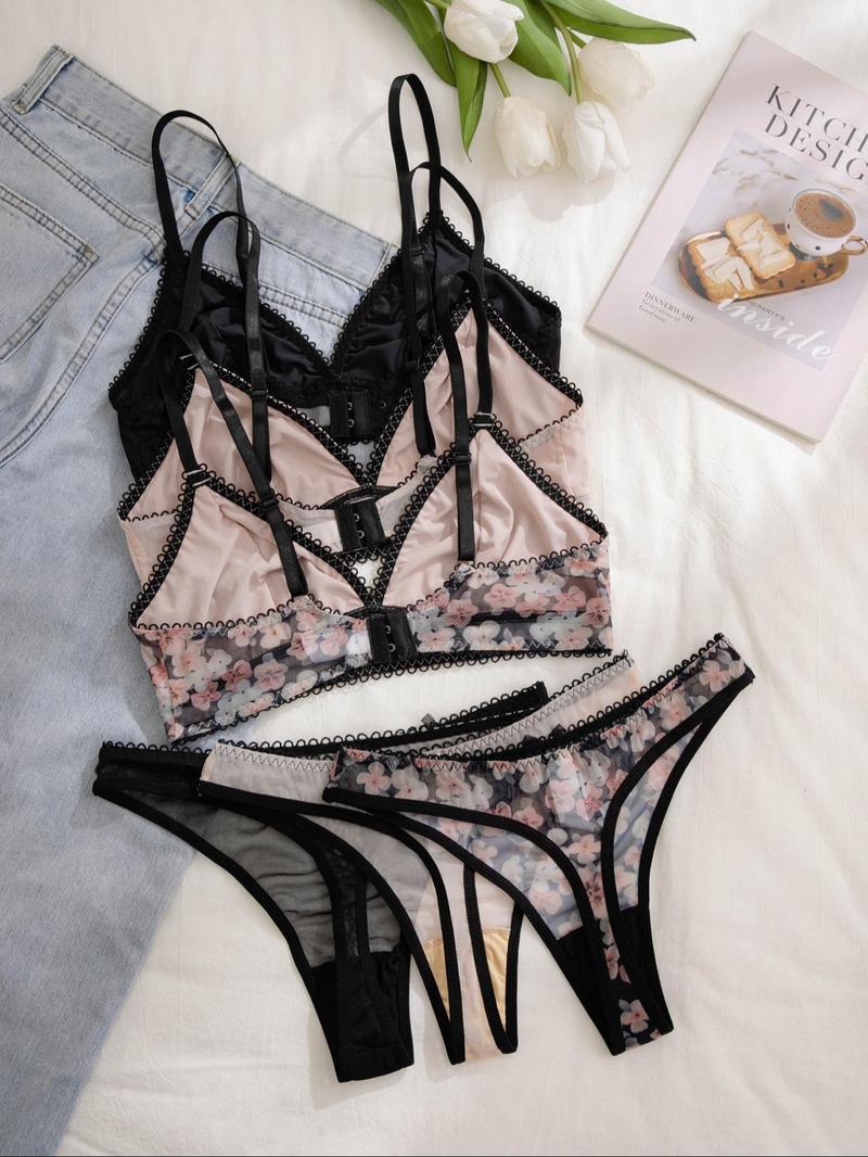 Product Introduction of Women's 6pcs Floral Print Bra & Contrast Mesh Thong Set, Adjustable Strap Bow Decor Lingerie Set, Soft Comfy Underwear Set for Women 2