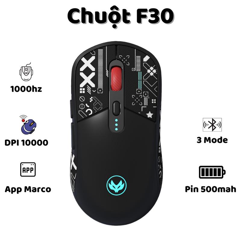 Chuột silent gaming không dây Atas F30 – 3 mode kết nối (không dây, bluetooth, có dây) – Pin 500mAh - dùng cho điện thoại, máy tính, macbook