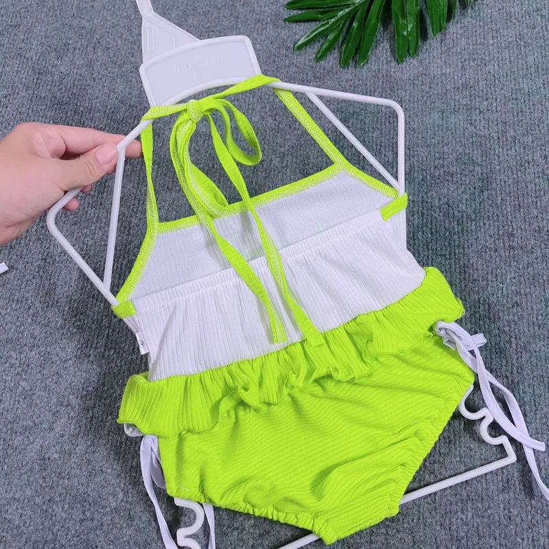 Đồ Bơi Cột Dây Dạng Yếm Hở Lưng Viền Bèo Màu Trơn Cho Bé 2