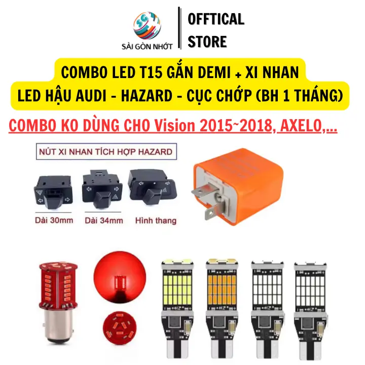COMBO CÔNG TẮC HAZARD + CỤC CHỚP CHỈNH NHANH CHẬM + ĐÈN LED HẬU AUDI STOP F1 + LED T15 DEMI, XI NHAN