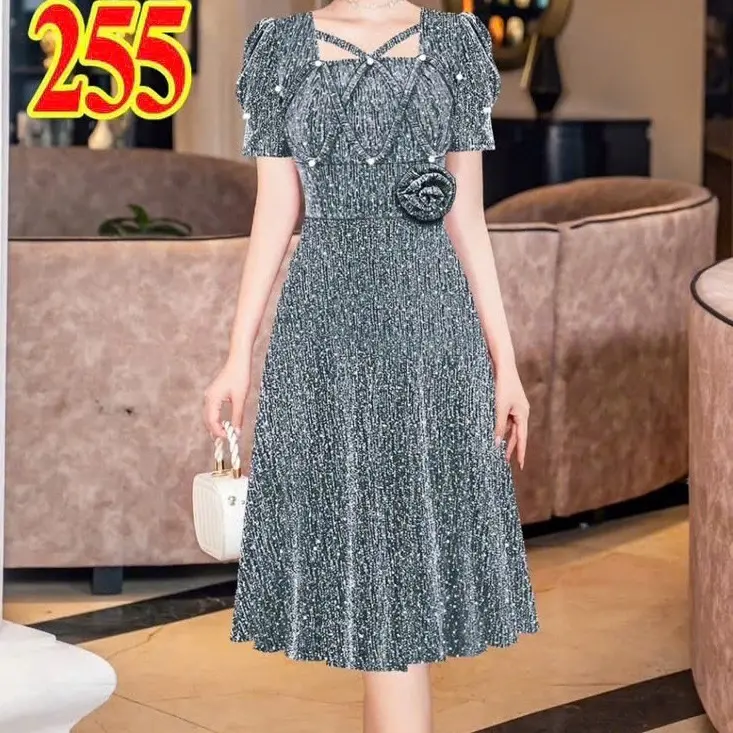 Đầm Xinh Đi Chơi-Đi Tiệc. Thun Kim Sa Co Giãn Mã255