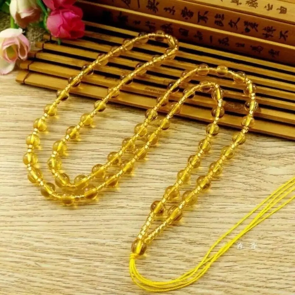 [Buy Two Get One Free] Yellow Crystal Pendant Necklace Handmade Woven Full Chain Bead Necklace for Men and Women