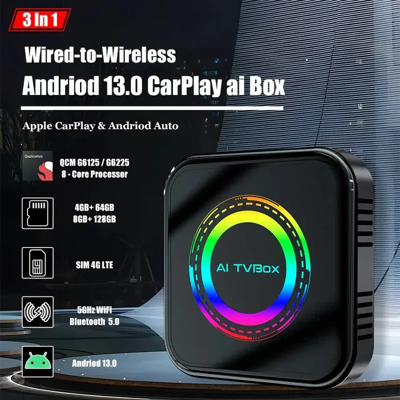 New Android 13 CarPlay Ai Box LED 8-Core 16G Android Auto & Apple CarPlay 3In1 Car Smart Adapter 5GHz Wifi BT5.0 SIM 4G LTE