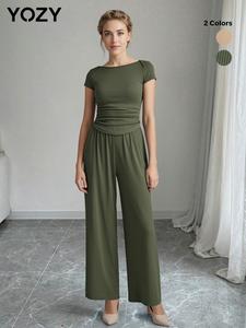 YOZY Women's Solid Ribbed Jumpsuit, Casual Comfy Wide Leg Jumpsuit for Daily Wear, Ladies Clothes for Summer