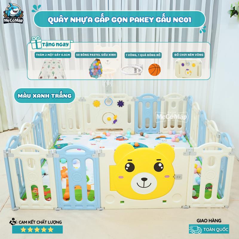 Quây Nhựa Gấp Gọn Pakey Gấu NC01 Dày Dặn TẶNG BÓNG+THẢM+SET BÓNG RỔ+NÉM VÒNG, Quây Cũi Nhựa Cho Bé An Toàn, Bảo Hành Trọn Đời