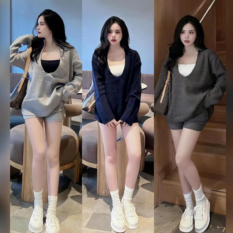 Set Bộ Len Tăm 3 Món Kèm Áo Quây Dáng Thụng 3 Màu Quần Ôm TTN235 Nữ Kem Women Top Nhung Thun Ghi