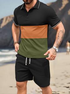 Two-Piece Set Men's Colorblock Striped Trim Button Front Half Placket Polo Shirt & Solid Color Drawstring Waist Shorts, Regular Fit Casual Comfy Short Sleeve Collared Top & Pocket Shorts, Men Summer Clothing for Beach Vacation