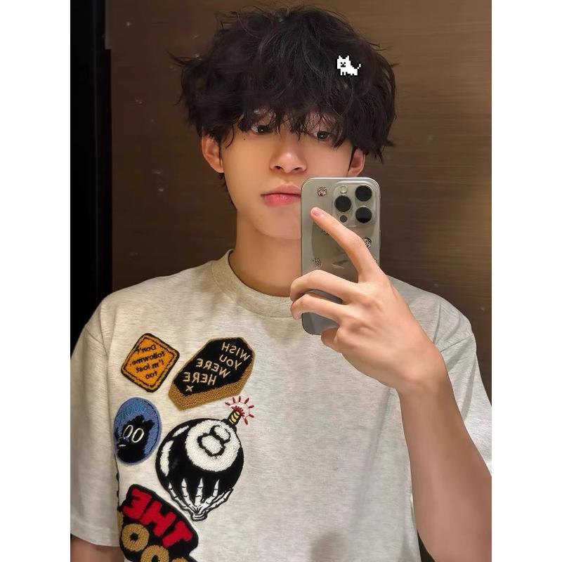 Áo Thun Nam, Huy Chương Chữ Thêu, Chất Liệu Cotton Mùa Hè, Dáng Rộng Vừa Vặn, Cổ Tròn, ngắn Tay, Áo Thường Ngày Hợp Xu hướng Áo Trên, Có Cỡ M-2XL