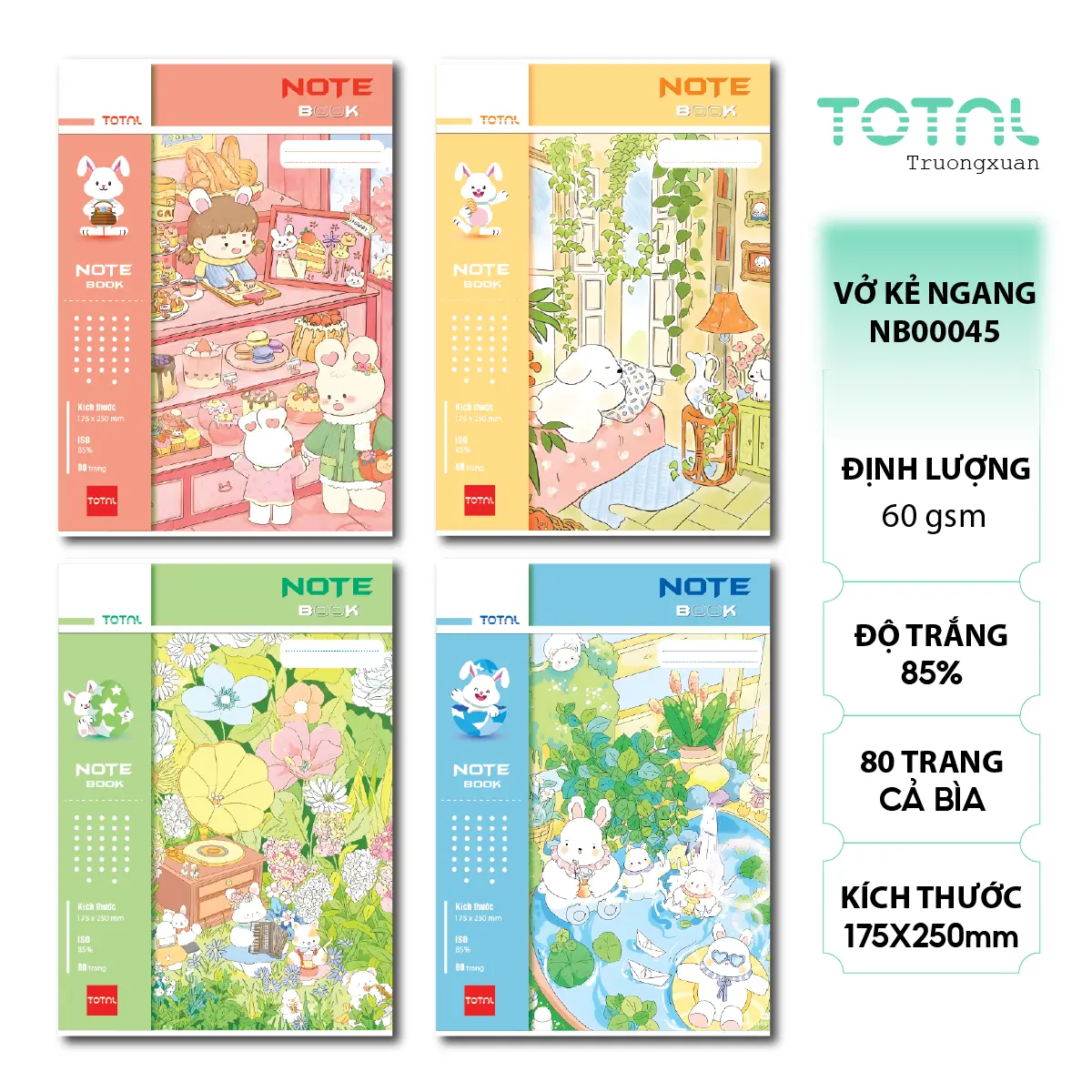 Combo 5 quyển Vở kẻ ngang Total Rabbit - 80 trang, Khổ 175x250mm, Mã: NB45