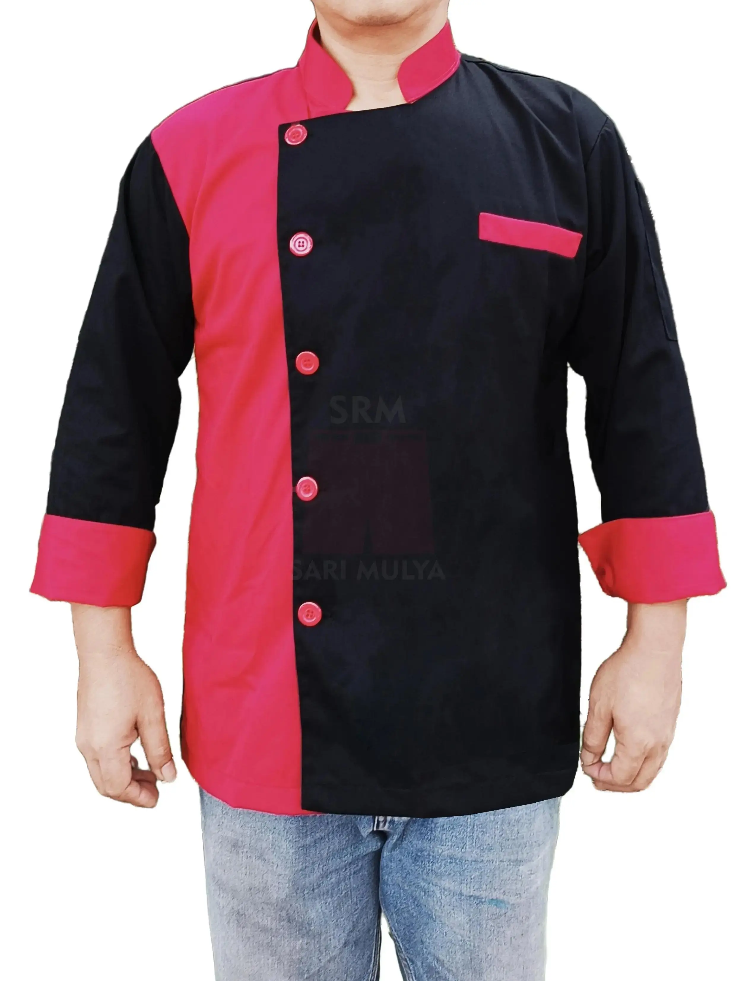 Srm Baju Koki Kombinasi Baju Chef Jacket Unisex Bahan Drill Pria Panjang Hitam Merah