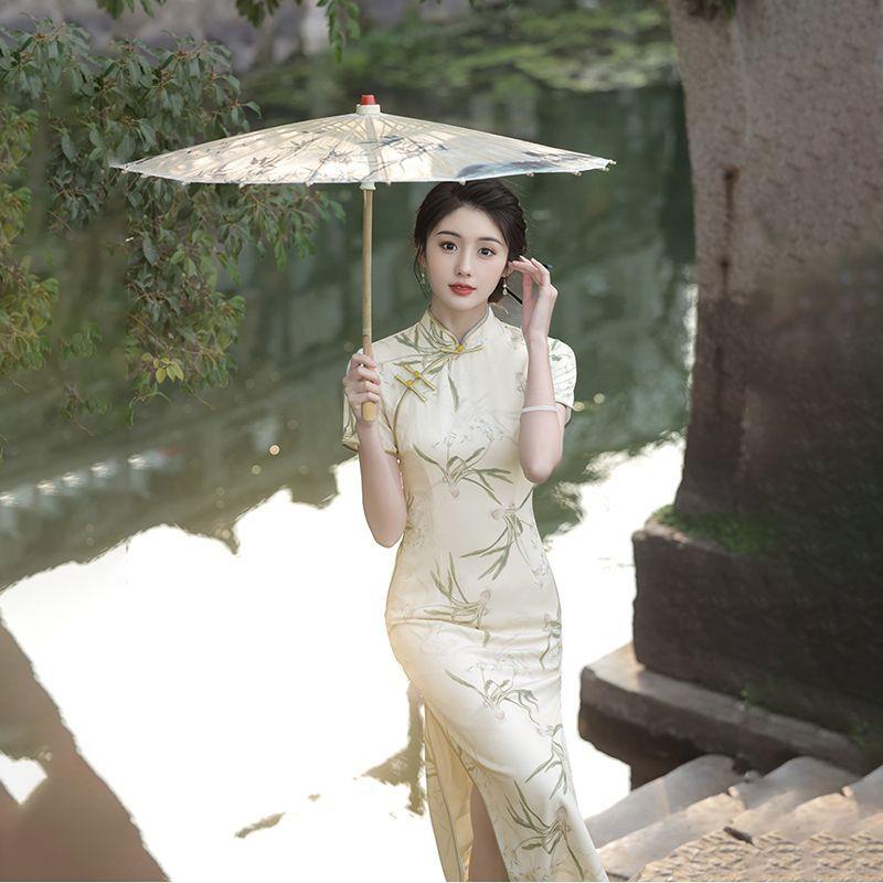 Sườn Xám Trung Quốc Mới, Phong Cách Nữ Mùa Hè Hàng Ngày, Loại Dài Sửa Đổi, Thanh Lịch Cao Cấp, Làm Bằng Satin, Thích Hợp Cho Người Trẻ, Phong Cách Quốc Gia, Hàng Mới Về Năm 2024 2