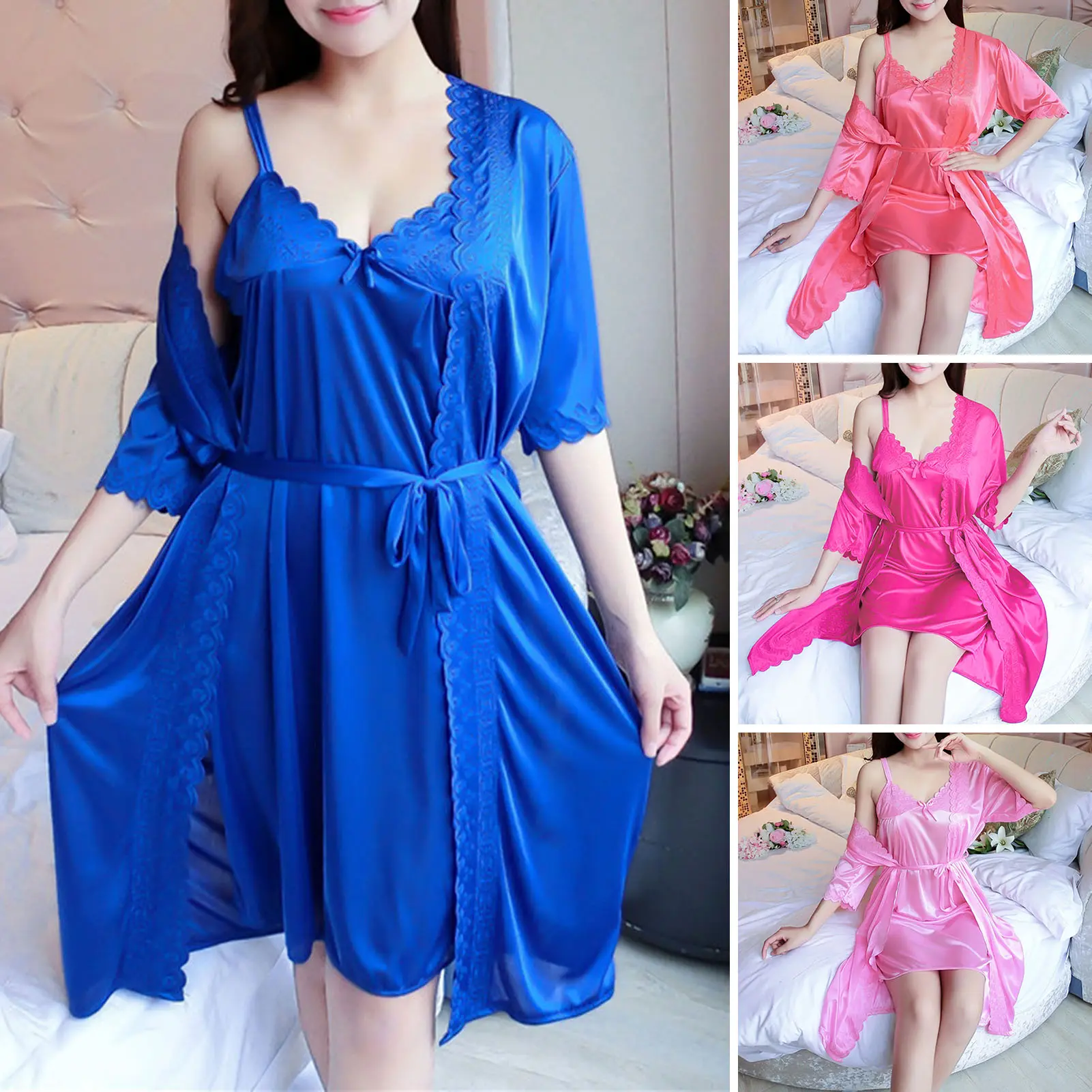 Bộ Váy Ngủ, 2 Cái / Bộ, Cổ Chữ V, Viền Hoa, Trang Trí Nơ, Màu Trơn Mượt Mà, Buộc Dây Bó Sát Eo, Hở Lưng, Dài Đến Đầu Gối, Thoải Mái, Tay Lửng Áo, Bộ Áo Choàng Tắm