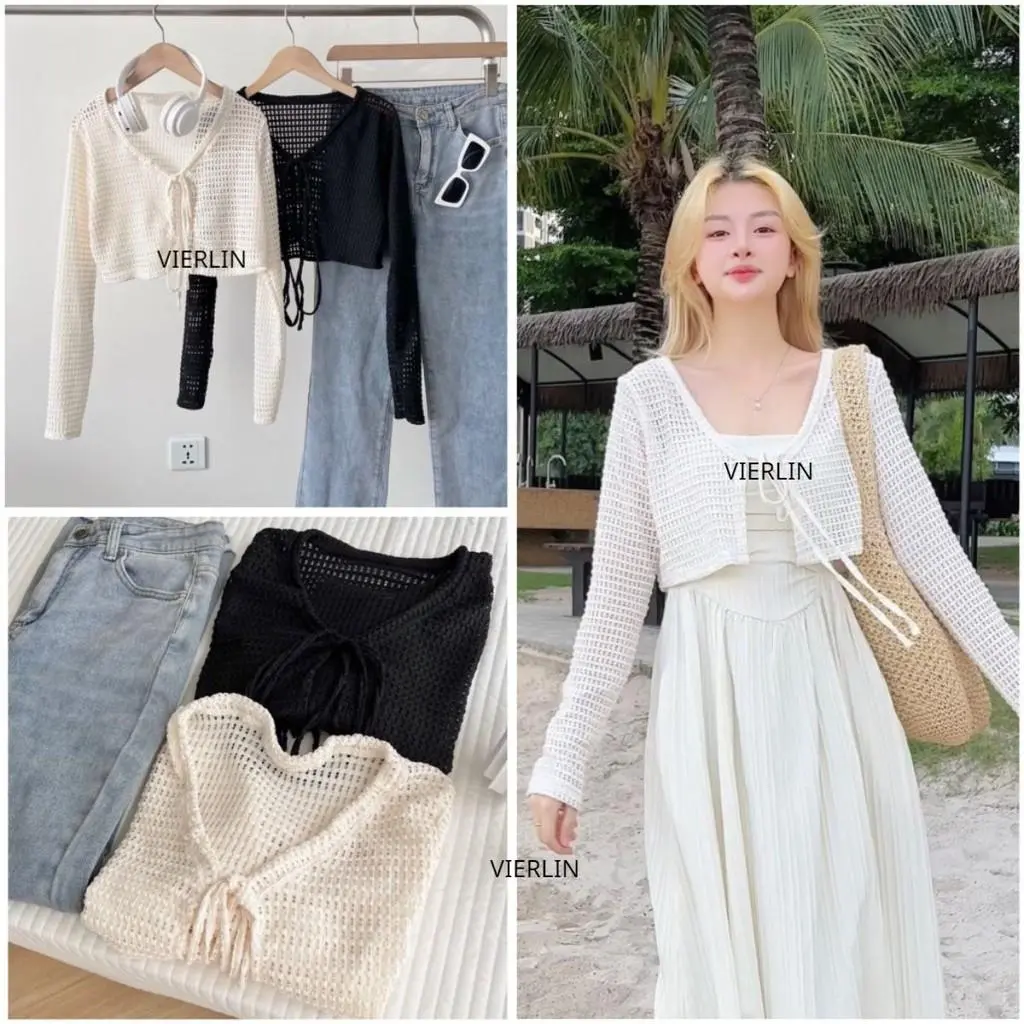 Áo Lưới VIERLIN Croptop Cardigan Thắt Nơ Siêu Xinh Phối Chân Váy Cực Hợp Freesize