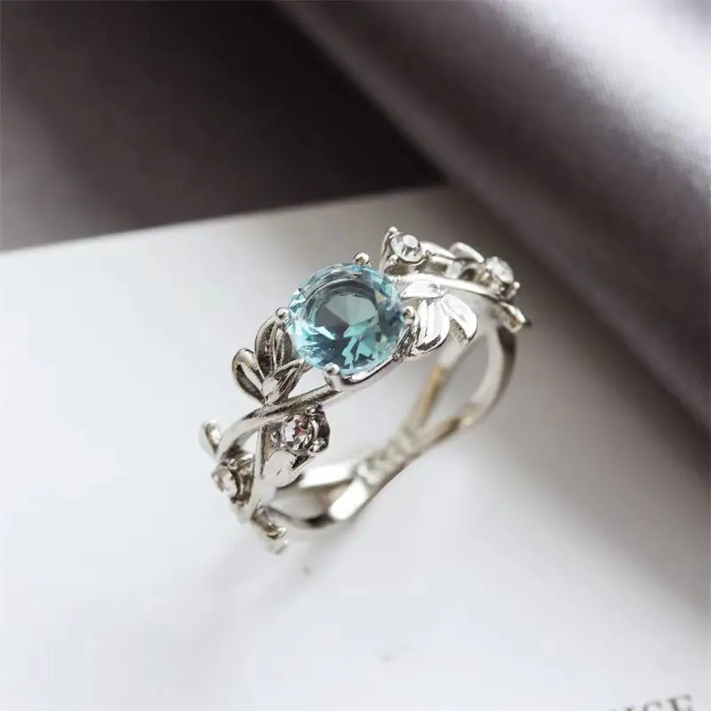 Creative Crystal Aquamarine Leaf Branch Ring Female Fashion Hollow Design Silver Ring Jewelry