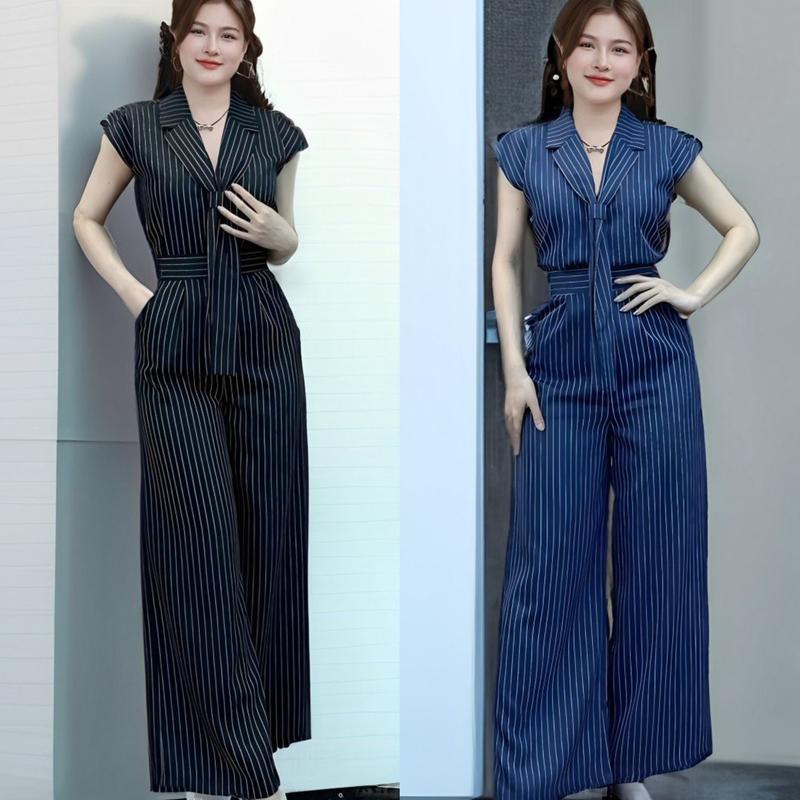 [Xả Kho] Set Quần Áo Thắt Cà Vạt Tay Ngắn Vải Lụa Chéo Sọc Kẻ Có Quần Bảo Hộ 40 - 95Kg Có Bigsize Nữ Top Women Xoè - A.1373
