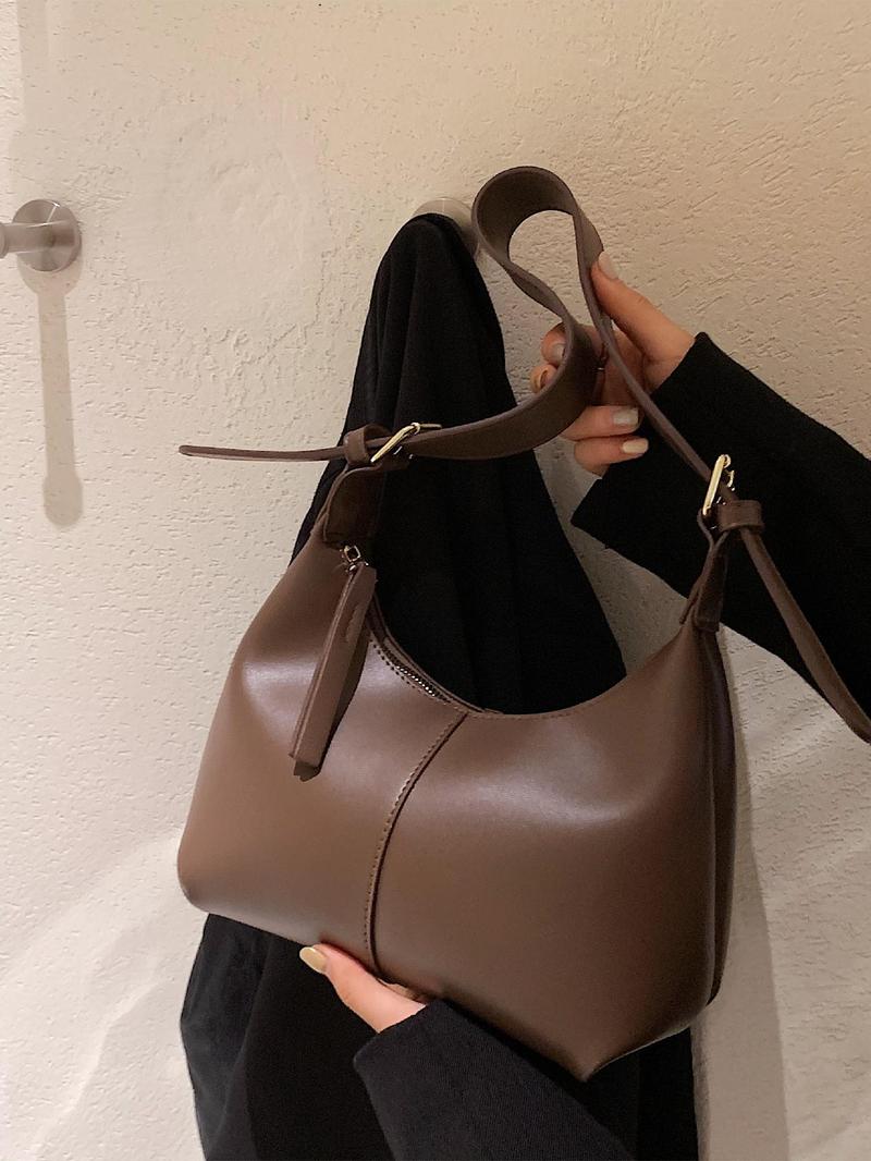 Product Introduction of Women's Simple Style Solid Color Hobo Bag, Fashionable Belted Design Shoulder Hobo Bag for Women, Casual Trendy Shoulder Bag For Daily Use 1